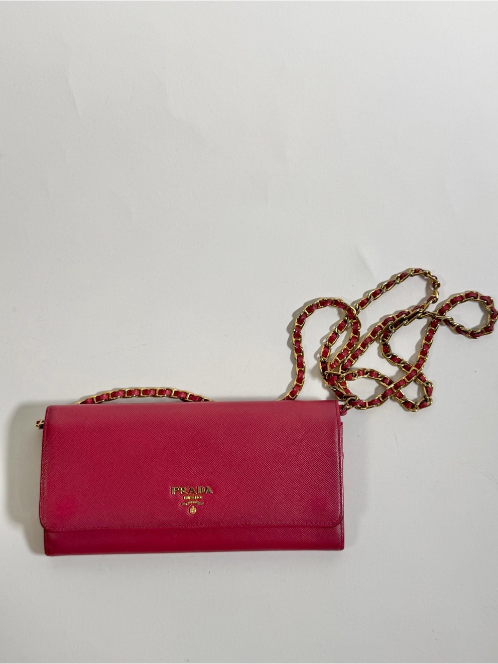 Prada Pink Saffiano Leather Crossbody Wallet with Gold Chain
